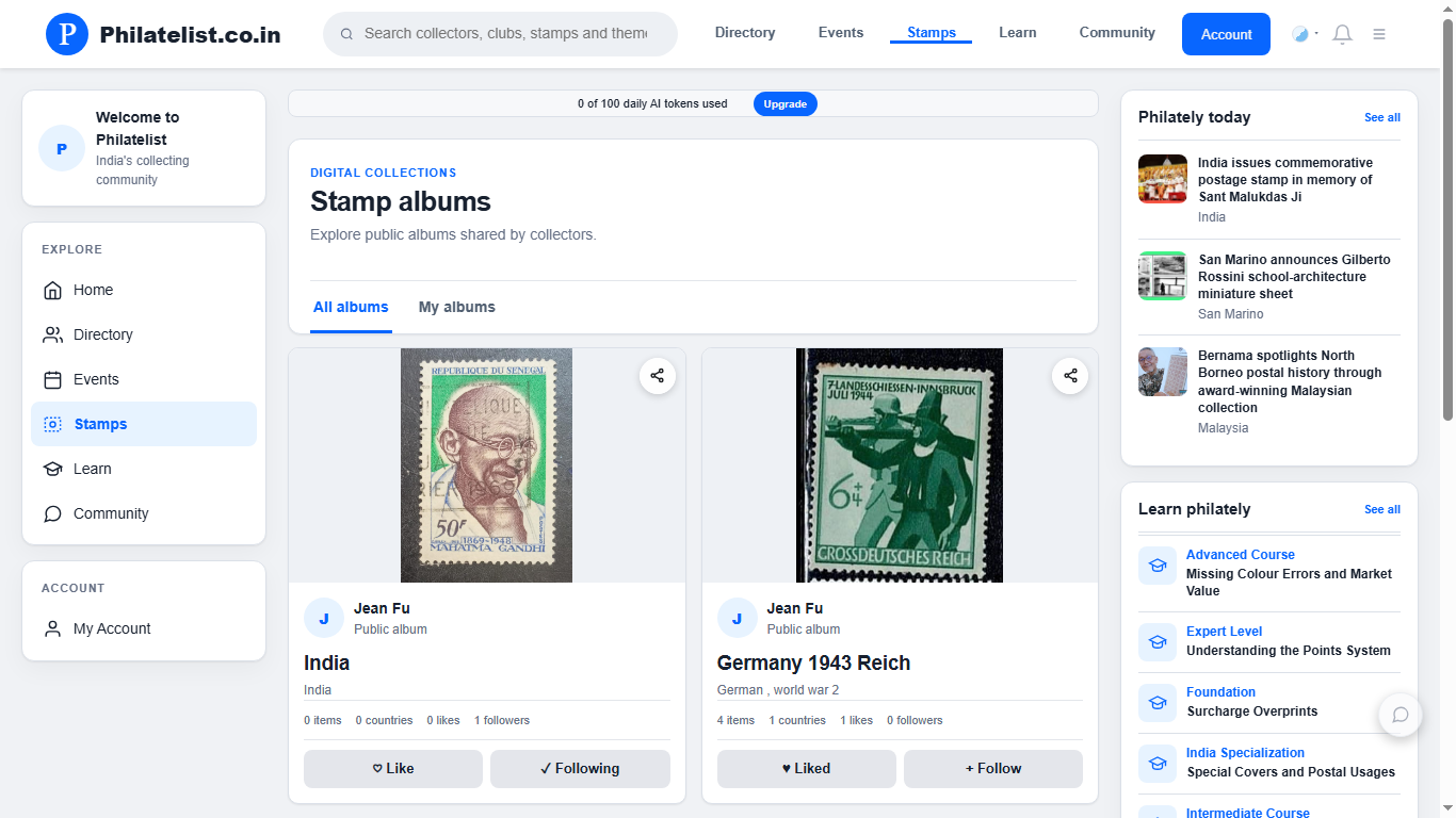 Philatelist.co.in stamp albums page showing public albums