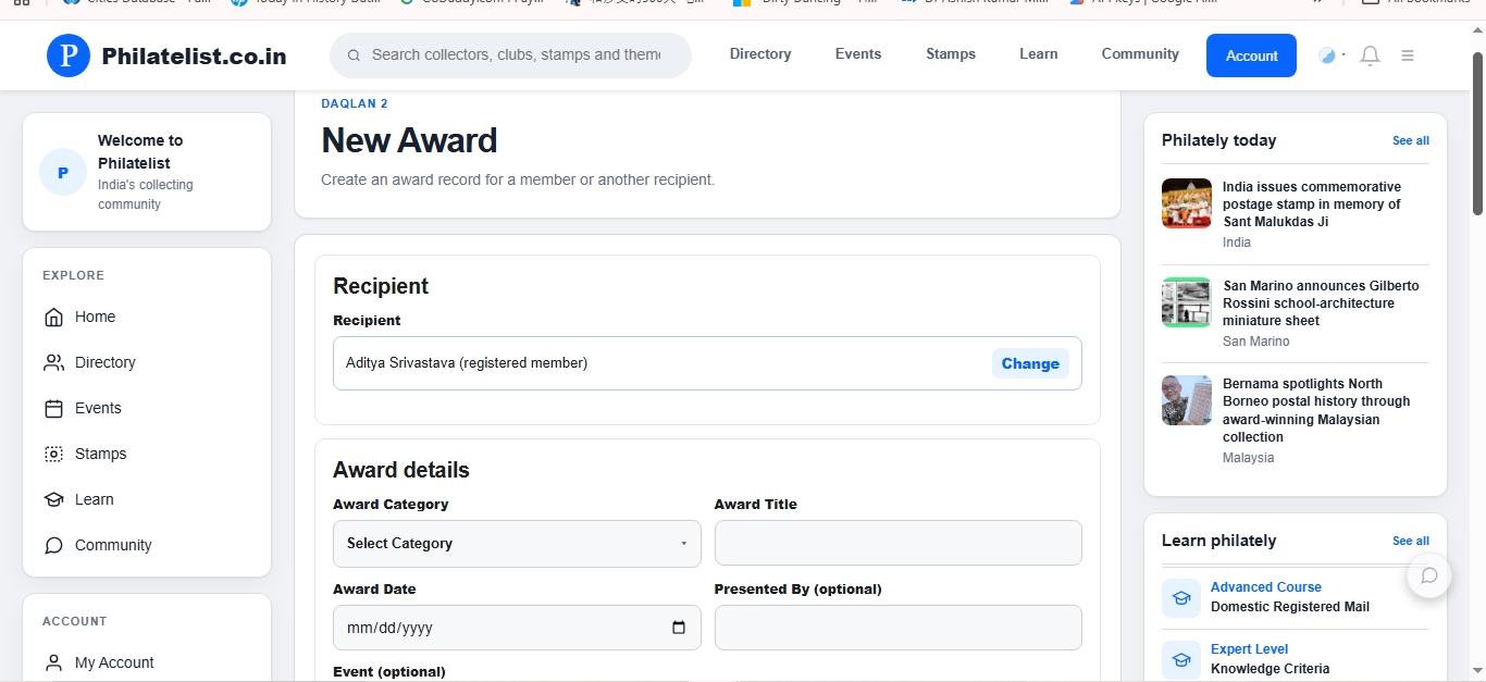 Philatelist.co.in New Award form
