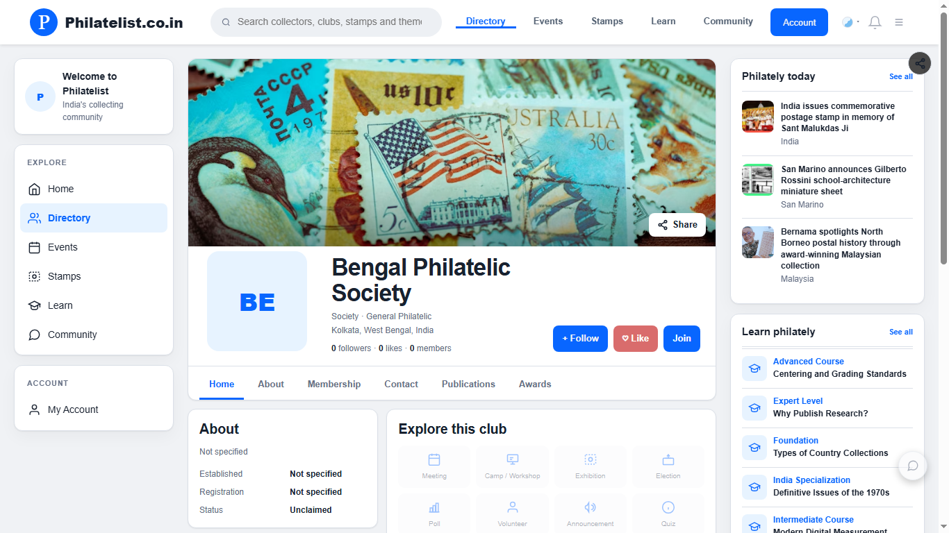 Philatelist.co.in club profile with cover, membership and activity tabs