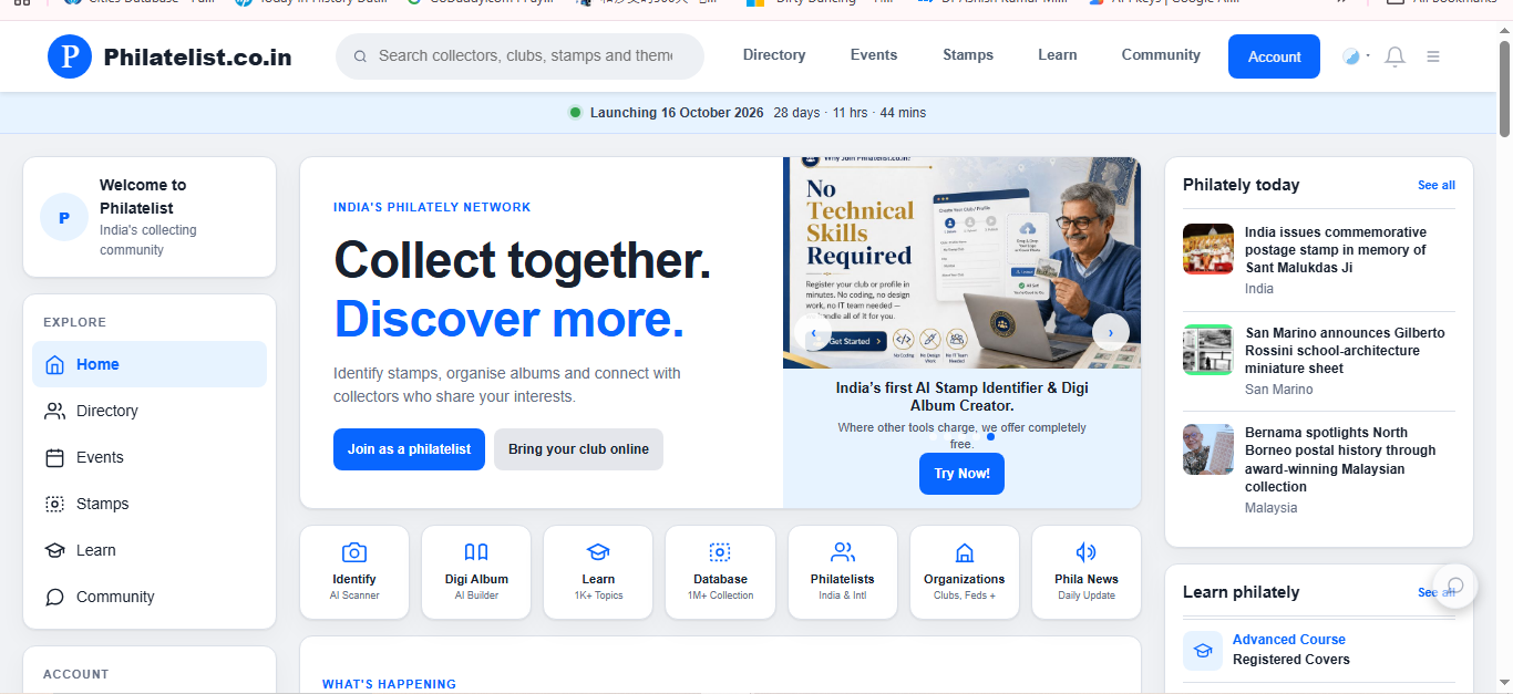 Philatelist.co.in homepage showing the community platform and feature tiles