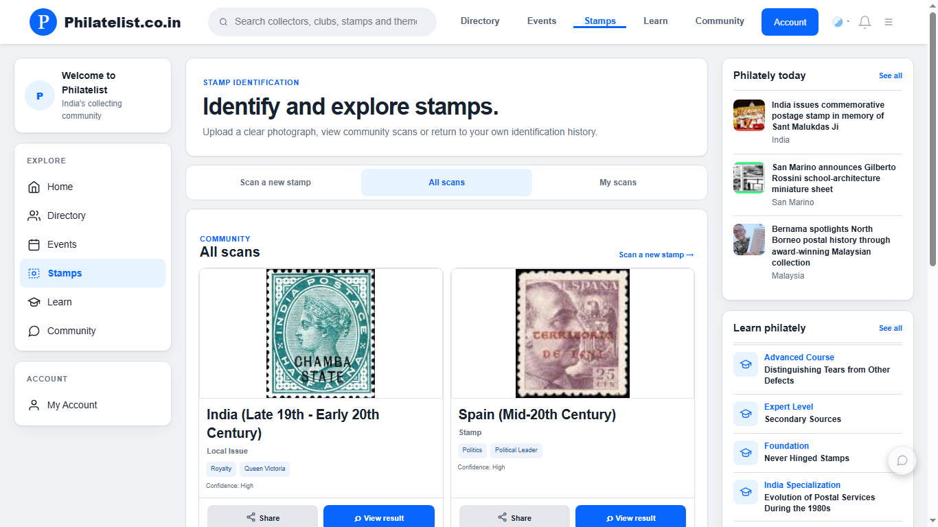 Philatelist.co.in all scans page showing identification results