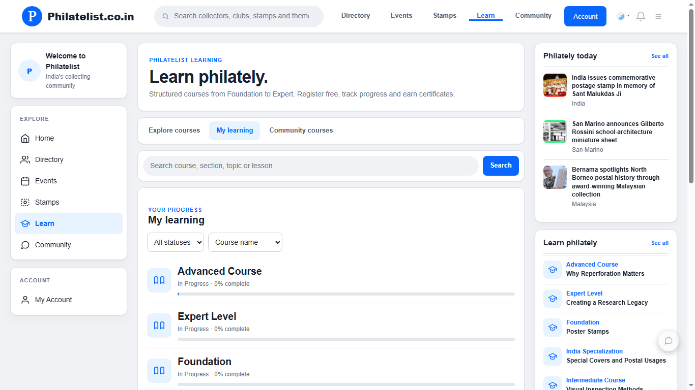 Philatelist.co.in My Learning page with course progress