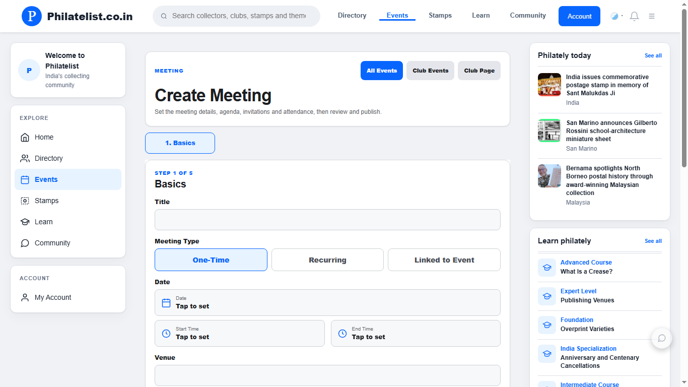 Philatelist.co.in Meeting creation form