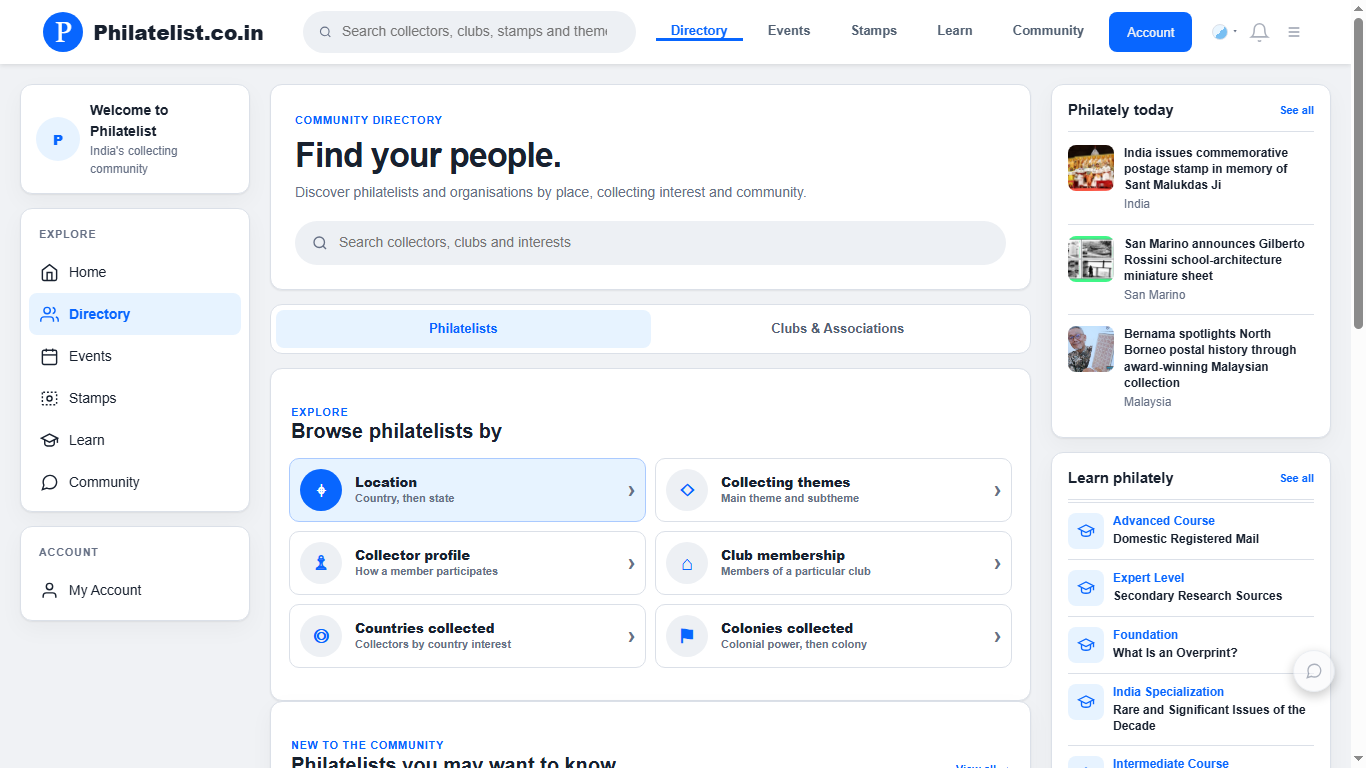 Philatelist.co.in philatelists directory with browse options