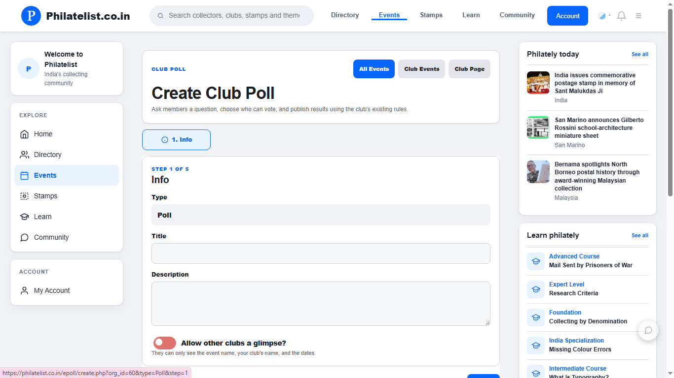 Philatelist.co.in Club Poll creation form