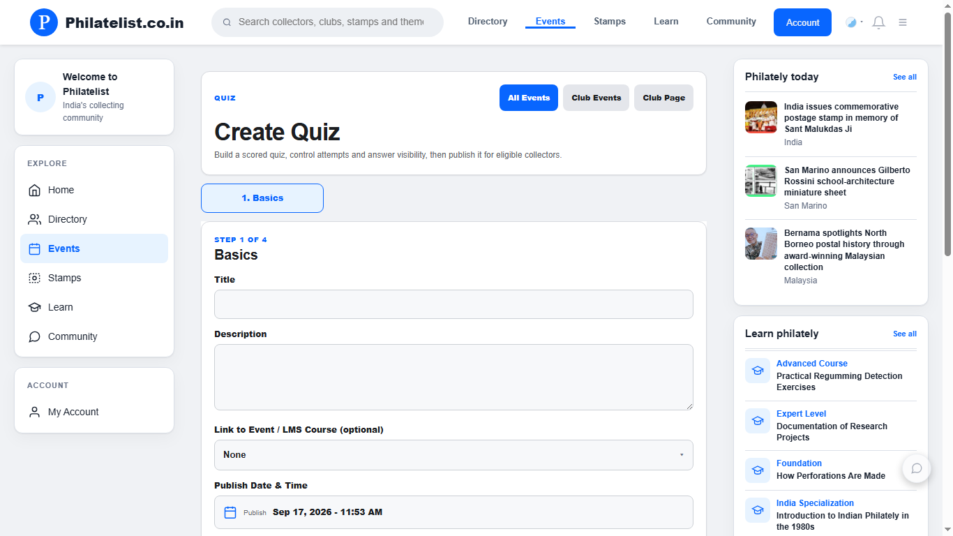 Philatelist.co.in Quiz creation form
