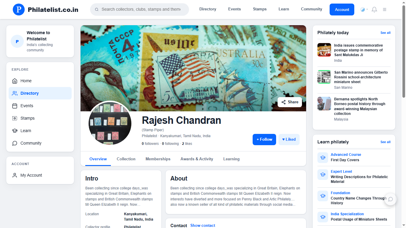 Philatelist.co.in individual collector profile with cover, avatar and tabs