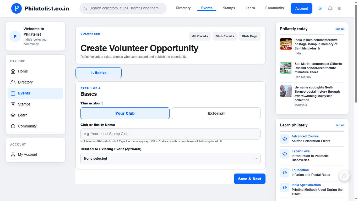 Philatelist.co.in Volunteer opportunity creation form